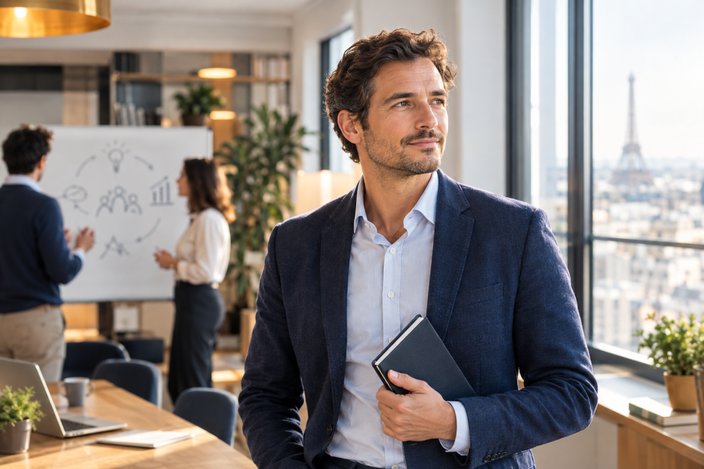 Manager confiant en coaching de prise de poste au bureau